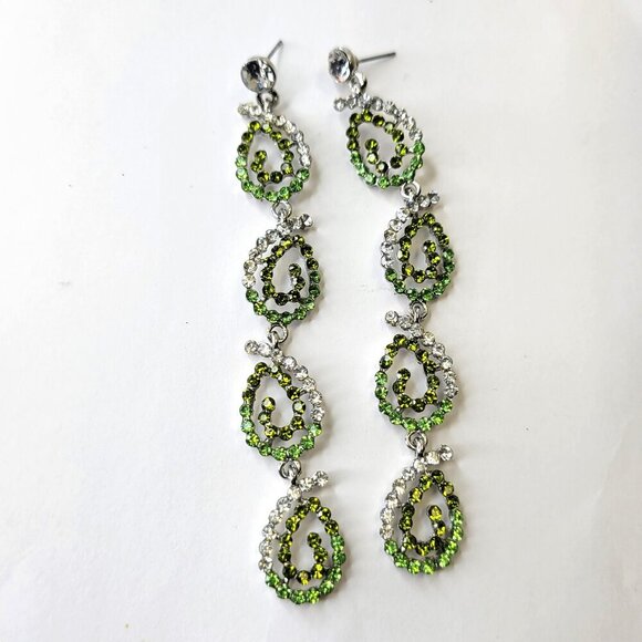 Green and Silver Crystal Chandelier Earrings - Picture 1 of 7